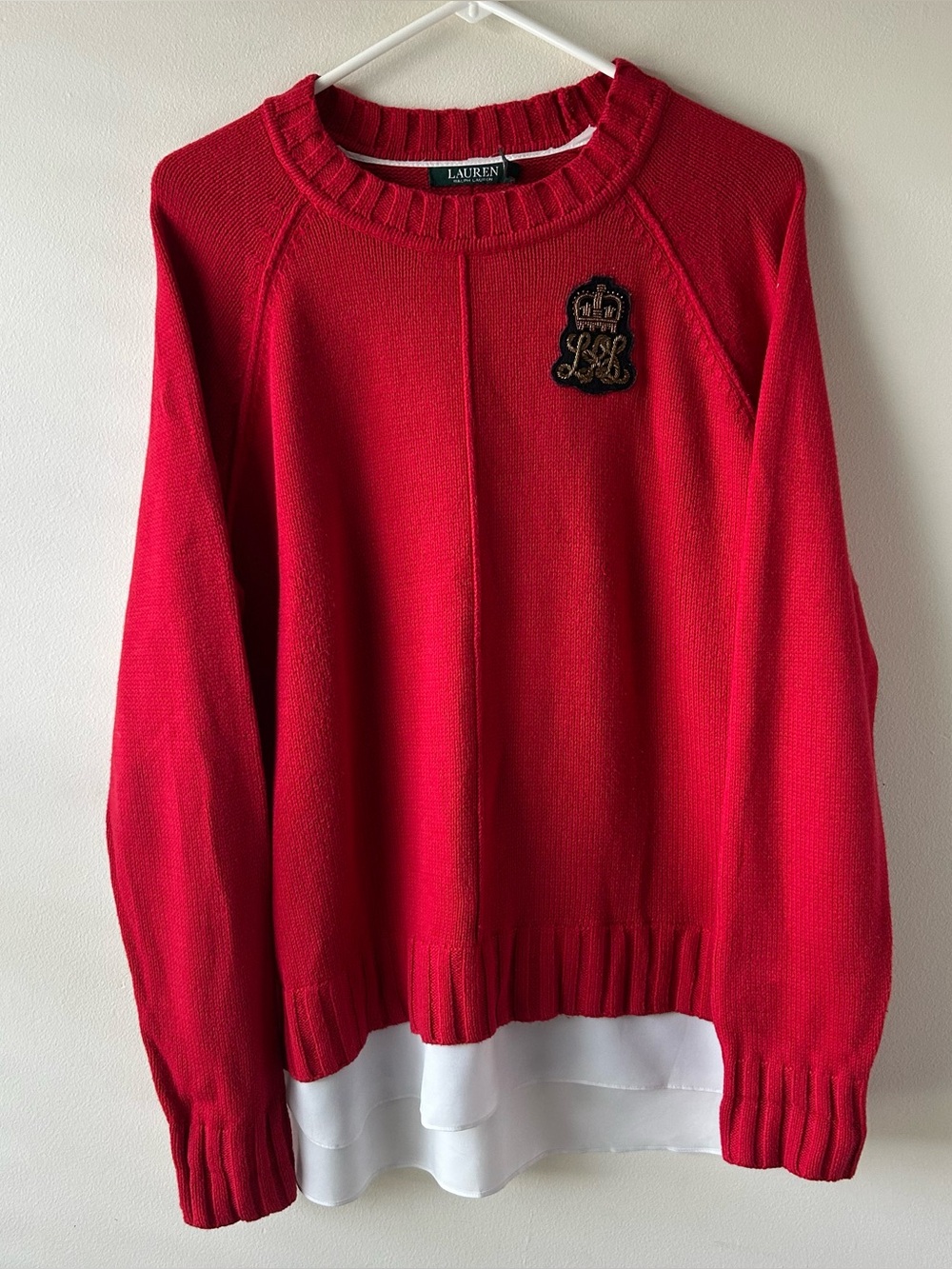 Lauren Ralph Lauren Sweater Crest Chiffon Layer Red White L